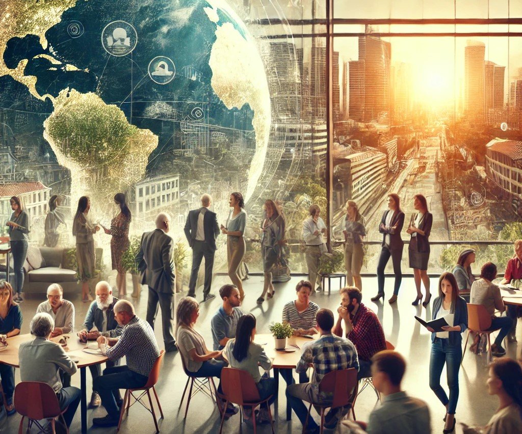 Local Action, Global Impact Inspiring Change Together A diverse group of individuals, including children, professionals, and elders, collaborating in a community setting with a subtle globe in the background, symbolizing local and global social impact.