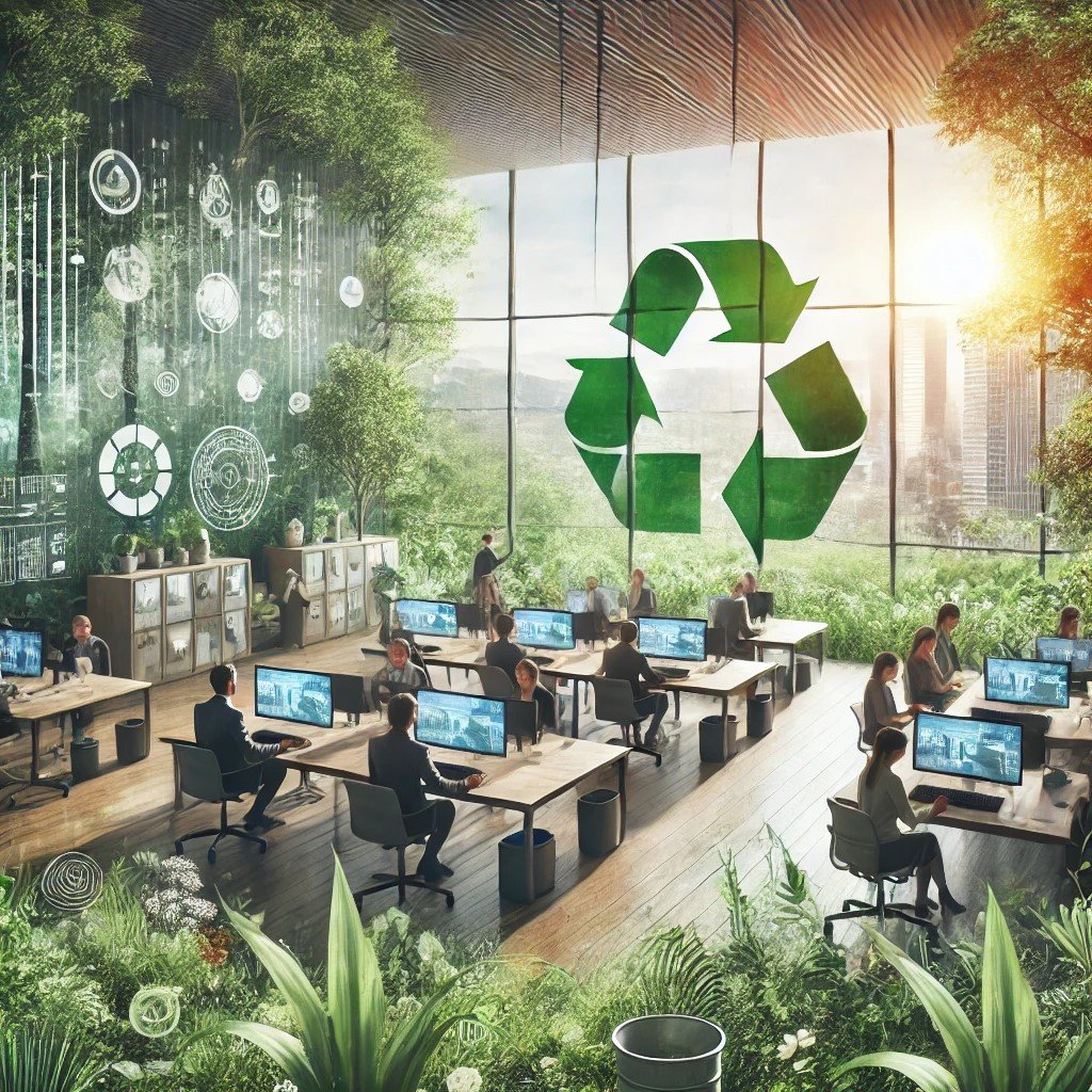 Sustainable Innovation A Commitment to Environmental Stewardship A professional workspace surrounded by natural elements such as plants and trees, with a diverse group of people collaborating in an eco-friendly office, emphasizing environmental sustainability and innovation.