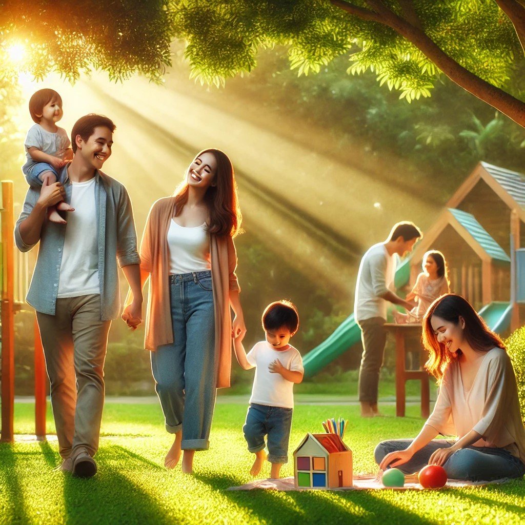 Work-Life Balance Celebrating Family and Harmony A family spending quality time outdoors in a lush, green park, engaged in joyful activities like playing and walking, symbolizing a balanced and happy home life.