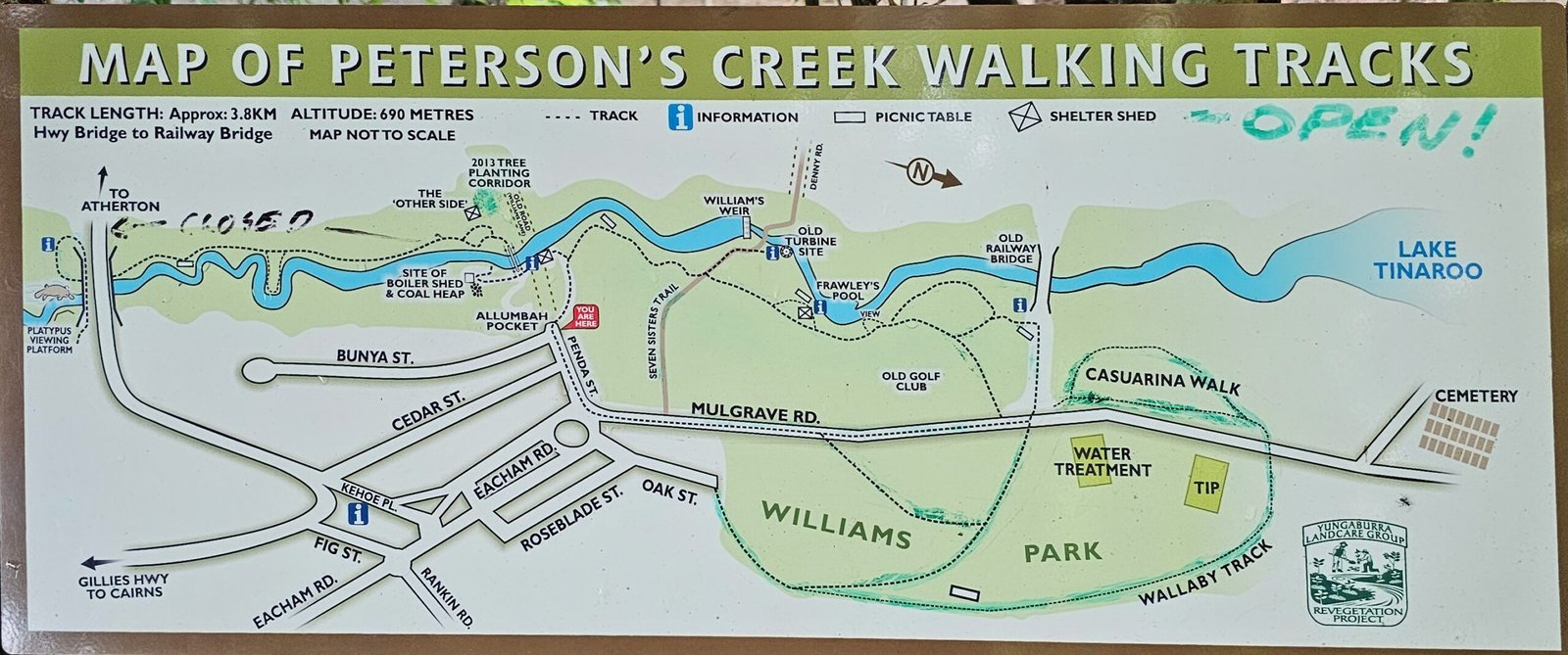 Map of Peterson Creek Walking Tracks in Yungaburra, showcasing trails, historical sites, and key wildlife viewing areas, including Frawley’s Pool, Lloyd’s Suspension Bridge, and the Old Railway Bridge